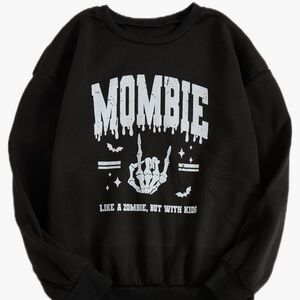 Black sweatshirt with 'Mombie' graphic. Features a fun design with bats and a ha